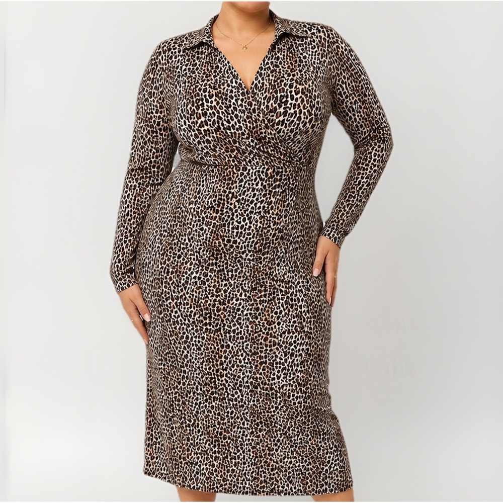 Elementz VTG Y2K Cheetah Wrap Cardigan Midi Dress 1X Animal Print 2-in-1 Mobwife